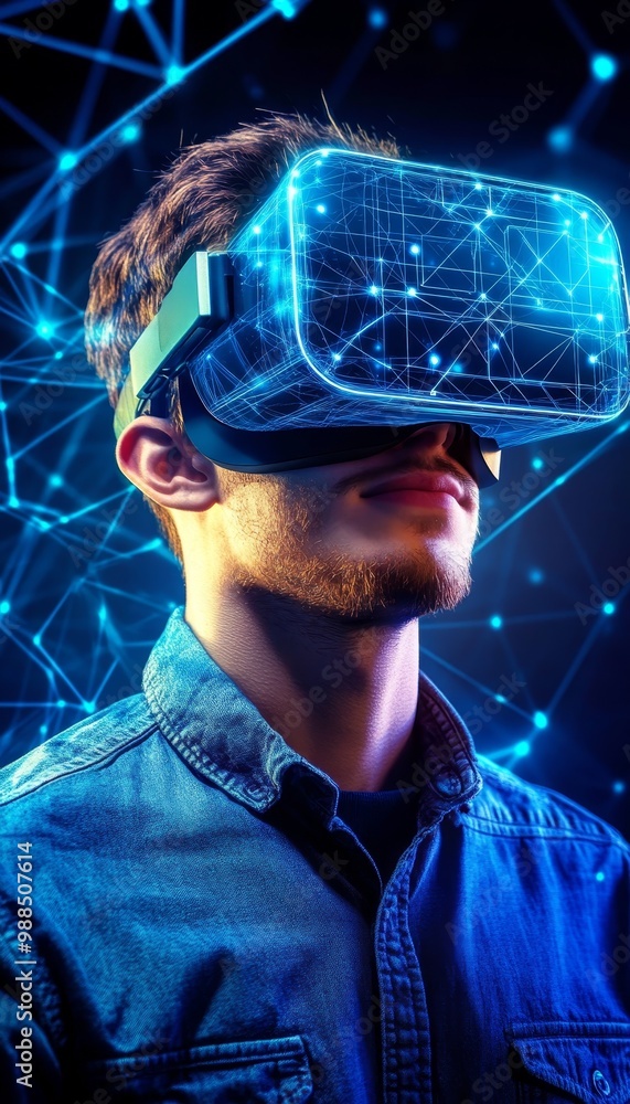 Poster man experiencing virtual reality, immersed in a networked digital world with glowing lines.