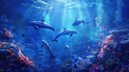 Fototapeta premium A group of dolphins swim through a vibrant coral reef illuminated by beams of sunlight.