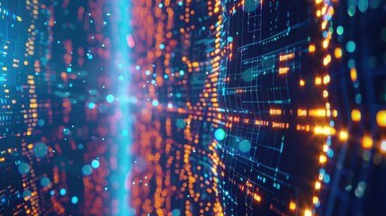 Obraz premium A vibrant, abstract digital space with neon lights and analog elements. The image represents technology's futuristic reach, where analog meets digital in a blend of science fiction and fantasy.