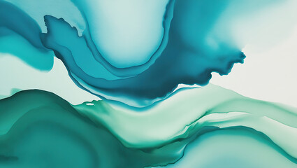 Abstract watercolor painting with soft, flowing shades of blue and green, blending seamlessly into each other. The image evokes a calm, ocean-like atmosphere with gentle transitions and fluid strokes