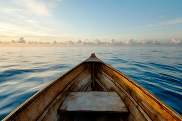 Wooden Boat on Calm Ocean with Cloudy Sky - Photo