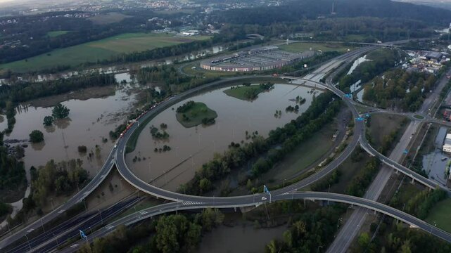 Drone shot over flooded roundabout and highway in Ostrava