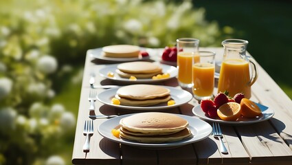 Sunday morning breakfast with orange juice and pastries on the table