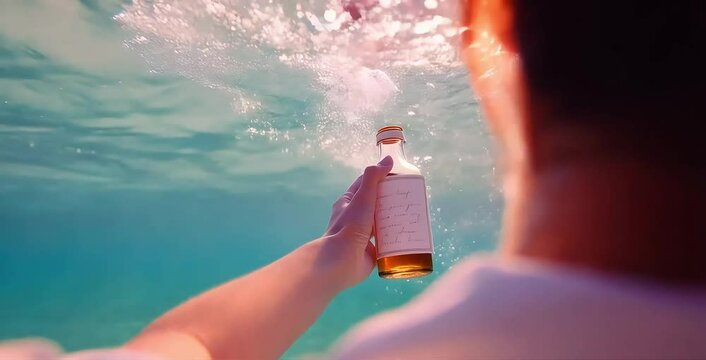 A hand reaches out to grasp a drifting bottle in the ocean, symbolizing a message of hope and fate
