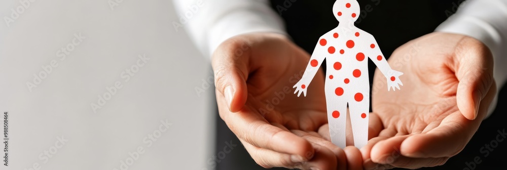 Poster Hands cupping a figure representing a person with a red rash, illustrating the spread of monkeypox. Focus on virus prevention and public health