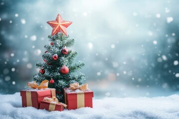 Obraz premium Beautiful Christmas tree with gift boxes on snow against blurred background. Space for text with generative ai