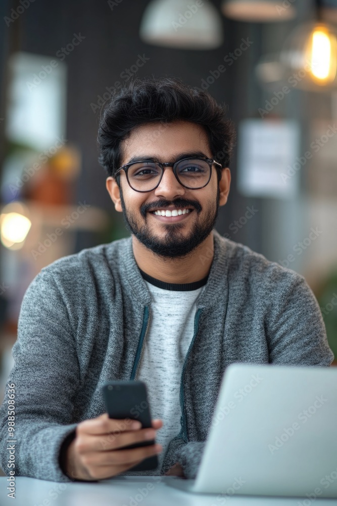 Poster a young man with a beard is smiling while using his laptop in an office setting.