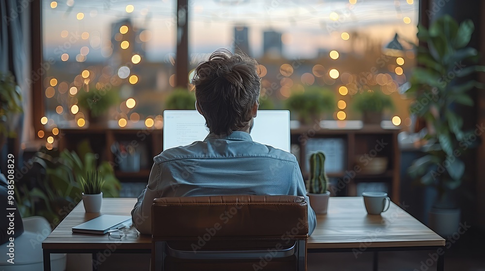 Poster close up back view of male employer sit at desk using modern laptop and smartphone gadget, businessm