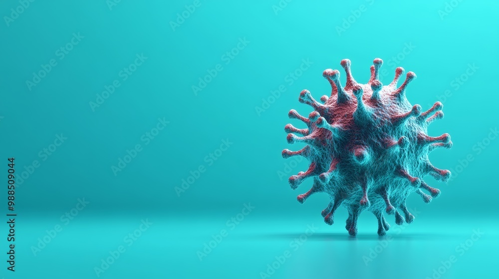 Poster Monkeypox virus particle against a bright teal background. Visualization of viral structure in a clean and clinical setting.