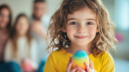 Obraz premium Joyful Child Holding Painted Easter Egg