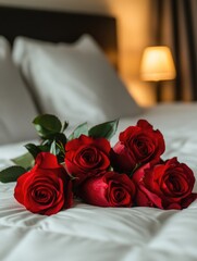 Red roses on a bed in a hotel room, symbolizing love and romance.