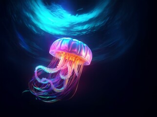 A vibrant jellyfish with long flowing tentacles, glowing in a dark ocean with blue light reflecting off the surface.