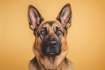 A close-up portrait photo of a cute Alsatian dog looking at the camera, isolated against a colourful background.