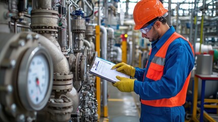 a professional inspecting industrial equipment with safety gear.