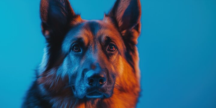 A close-up portrait photo of a cute Alsatian dog looking at the camera, isolated against a colourful background.