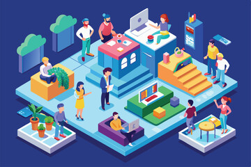 A vibrant isometric landscape featuring diverse people engaging in various activities such as working, socializing, and relaxing in a lively urban atmosphere.