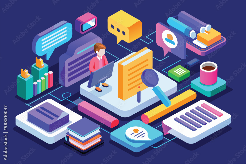 Poster a professional working on speech-to-text customization surrounded by colorful communication icons, f