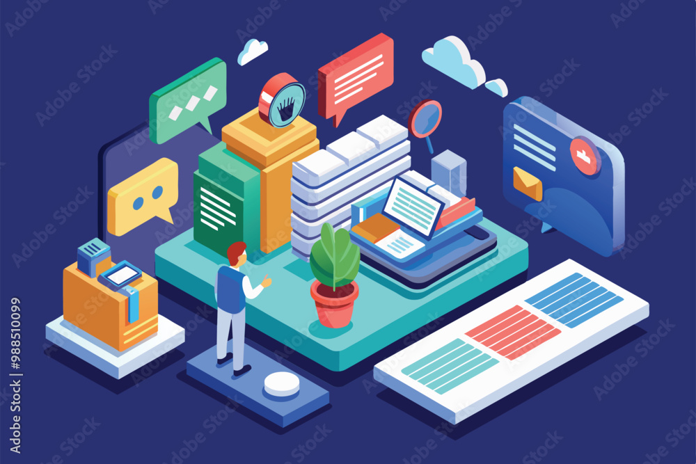 Aufkleber an isometric illustration showcases a customizable speech-to-text system, emphasizing communication,