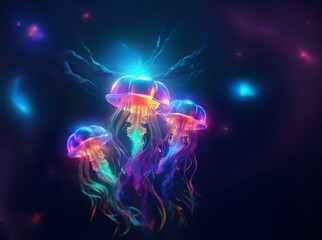 Three glowing jellyfish float in a dark, ethereal space with scattered orbs of light.