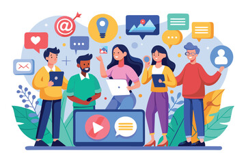 A diverse group collaborates in a creative setting, brainstorming social media strategies using tablets and laptops while surrounded by colorful digital icons.