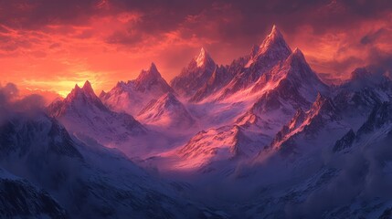 Obraz premium A dramatic, windswept mountain range at twilight, with jagged peaks glowing under the last light of the setting sun.