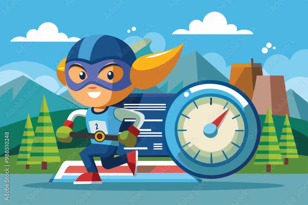 Poster a cheerful character runs on a speed test track amidst stunning mountains and trees in a bright and 