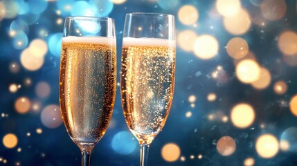 Champagne Toast Celebration - Happy New Year With Golden Glitter On Blue Abstract Background And Defocused Bokeh Lights with generative ai