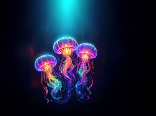 Three glowing jellyfish float in a dark blue abyss, their bodies and tendrils swirling with vibrant color.