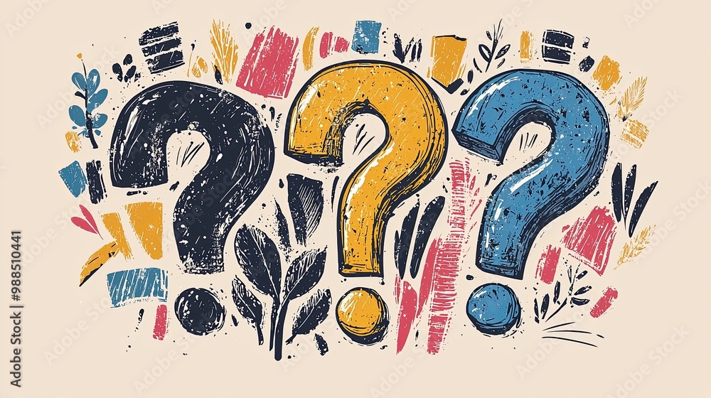 Poster a visually engaging image featuring three large, textured question marks in varying colors, surround