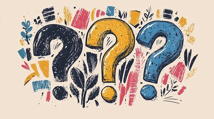 Obraz premium A visually engaging image featuring three large, textured question marks in varying colors, surrounded by abstract, painted shapes and elements in the background.