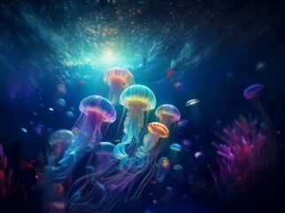 Colorful jellyfish drift through a dark blue ocean, glowing with bioluminescent light.