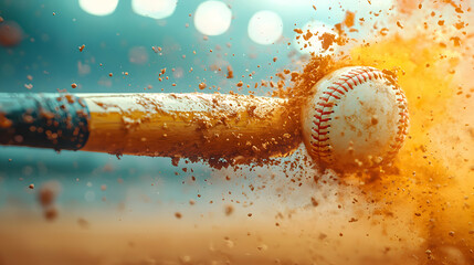 Baseball bat striking a ball with dust flying off the impact, captured in perfect motion as the batter follows through, the dirt infield and bright stadium lights in the background