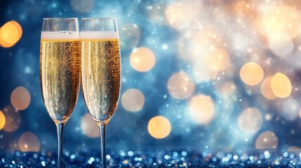 Champagne Toast Celebration - Happy New Year With Golden Glitter On Blue Abstract Background And Defocused Bokeh Lights with generative ai