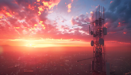 A 3d base station receiver on a telecommunication tower against a vibrant sunset over a cityscape, symbolizing connectivity and communication