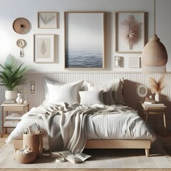 Fototapeta premium Mockup frame in bedroom interior background, Coastal boho style, 3d render