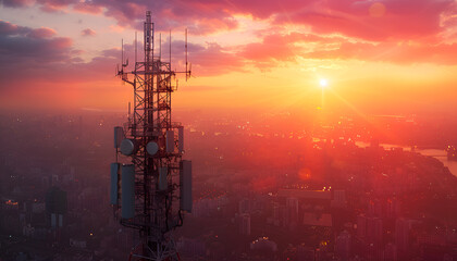 A 3d base station receiver on a telecommunication tower against a vibrant sunset over a cityscape, symbolizing connectivity and communication