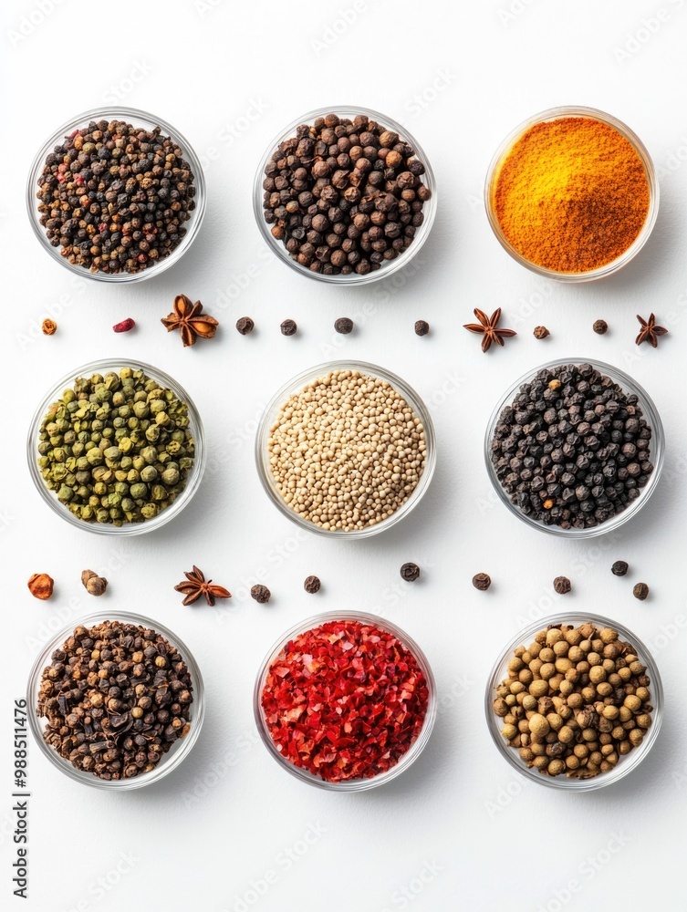 Poster multiple spice jars of different colors and textures with aromatic herbs on top.