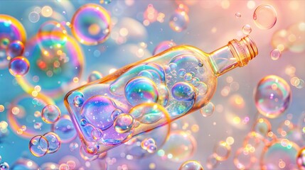Colorful Transparent Bottle with Floating Bubbles and Rainbows in a Vivid Dreamlike Scene