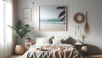 Mockup frame in bedroom interior background, Coastal boho style, 3d render