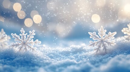 Close-up view of delicate, frost-covered snowflakes with intricate patterns, framed by soft, icy branches. The blurred blue background with falling snow creates a serene, wintery atmosphere.