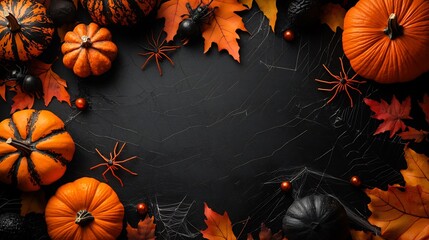 Happy Halloween flat lay mockup featuring intricate spider webs decorative spiders autumnthemed decorations arranged on a deep black background with ample copy space for text