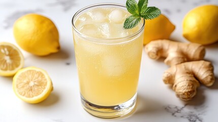 Refreshing glass of homemade ginger lemonade with ice and a mint garnish, surrounded by fresh lemons and ginger root.