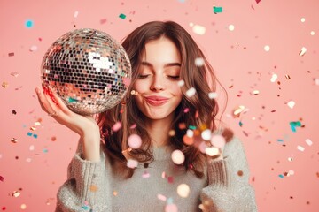 Happy woman holding a disco ball with confetti falling around on a vibrant pink background