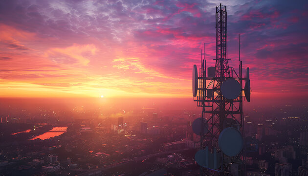 A 3d base station receiver on a telecommunication tower against a vibrant sunset over a cityscape, symbolizing connectivity and communication