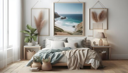 Mockup frame in bedroom interior background, Coastal boho style, 3d render