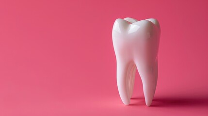 A single, shiny white tooth is isolated against a pink background.