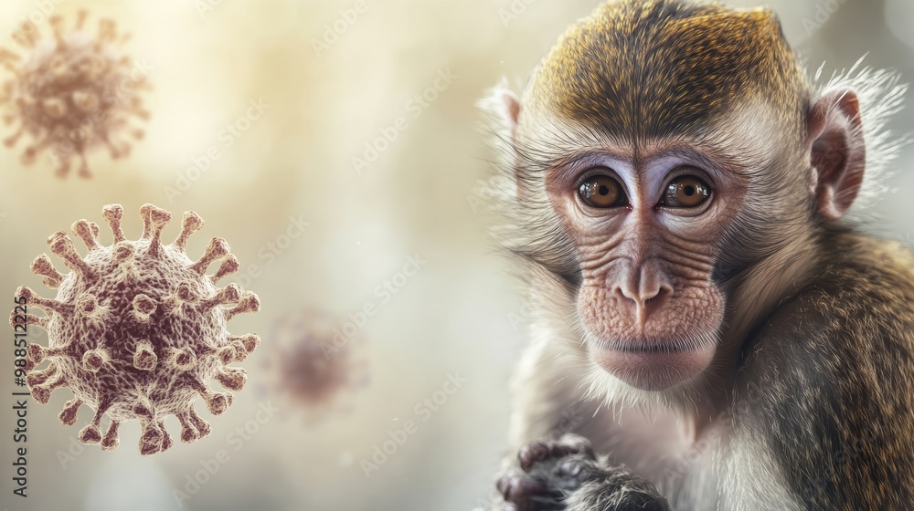 Poster monkey looking at a viral particle of monkeypox virus in a dark background, representing zoonotic tr