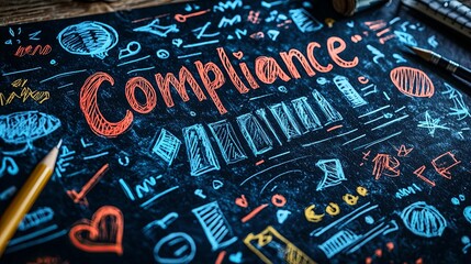 A chalkboard filled with colorful decorations and the word Compliance, emphasizing the importance of adherence to regulations, rules, and standards in various domains.