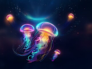 A dark background with a series of neon jellyfish with long, flowing tentacles.