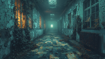 overgrown asylum with decayed walls and haunting green light, remnants of a forgotten past